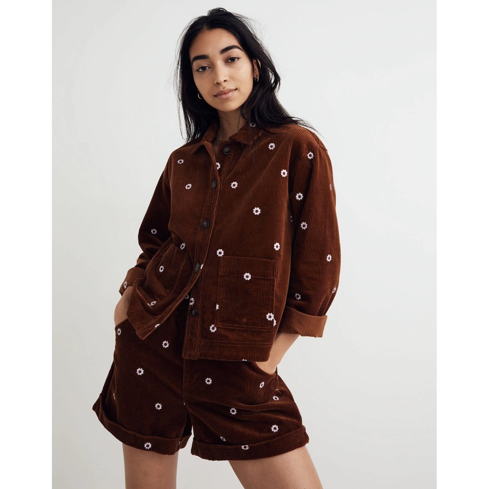 Madewell Daisy Embroidered Corduroy Shirt Jacket Brown Floral Farm Retro Indie/S